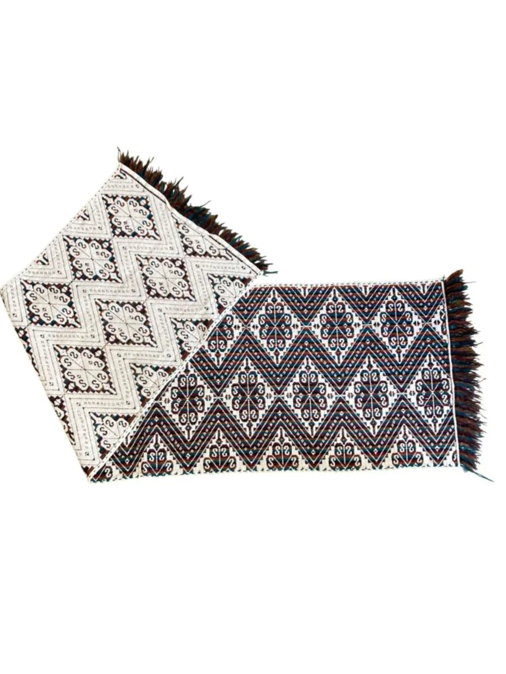 Handwoven Table Runner With Geometric Pattern And Fringe
